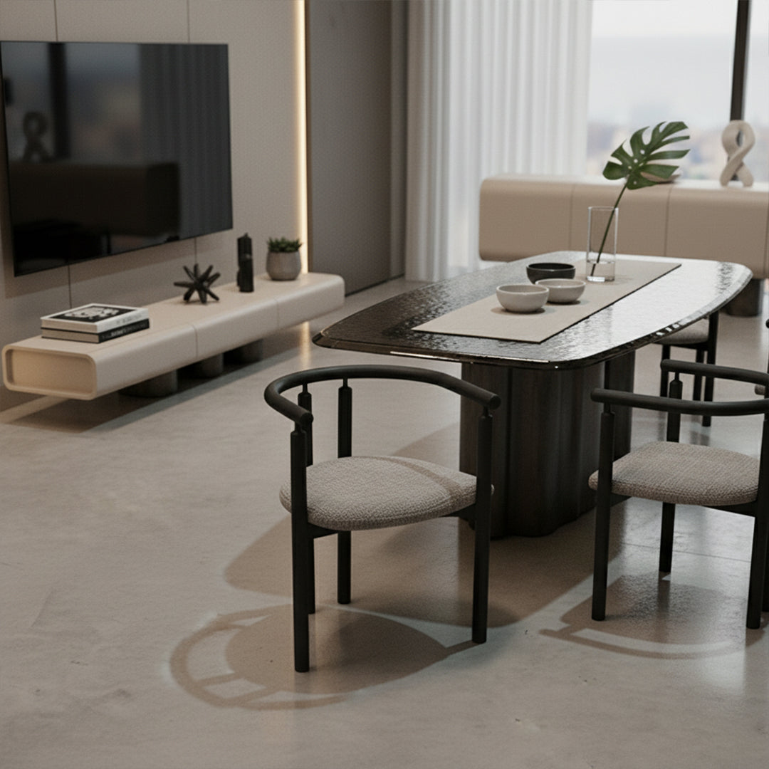 ECOLE LIVING Funda dining chair in neutral upholstery with wooden legs, modern and stylish for dining room or kitchen use.